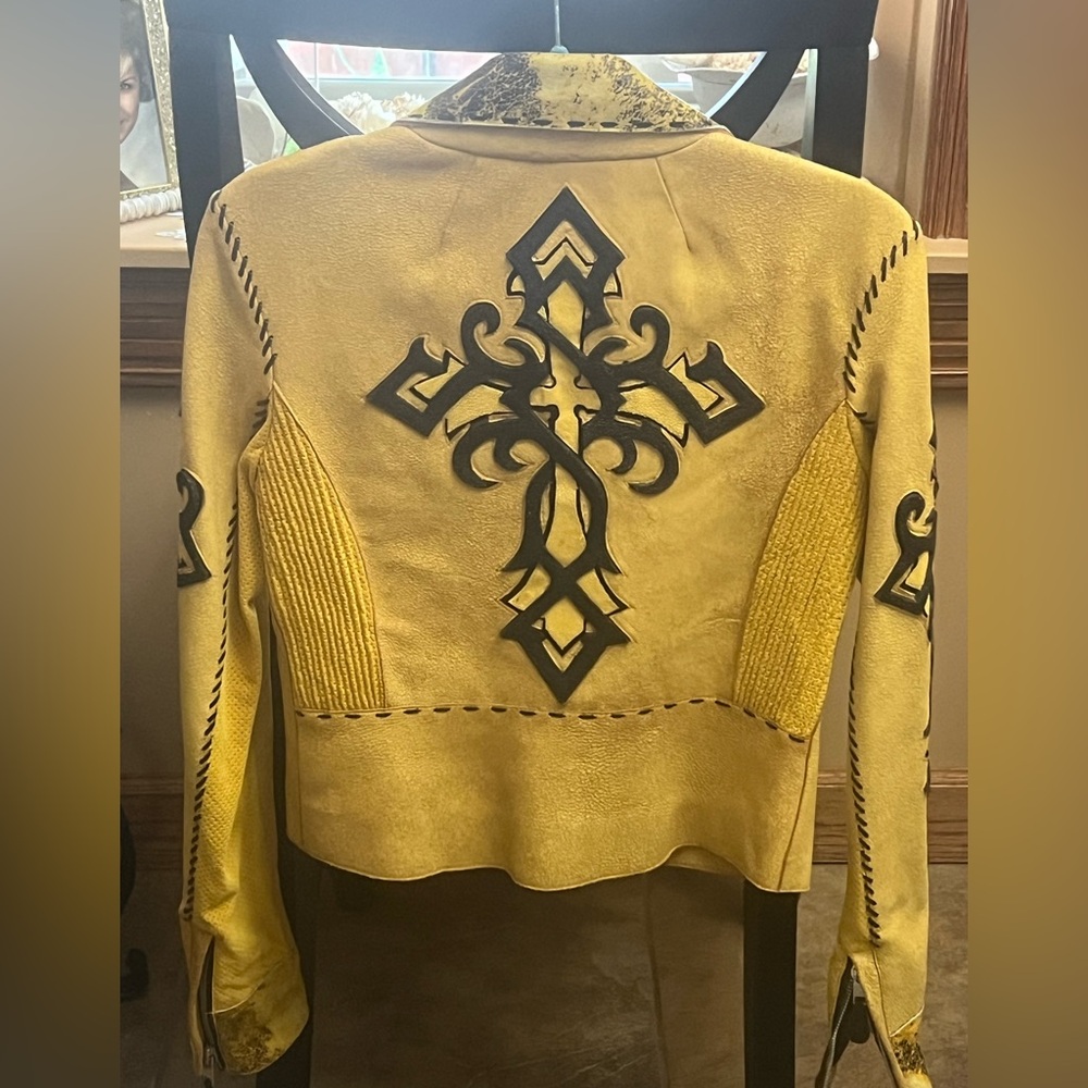 Corral Boot
Mustard Yellow and Black Leather Jacket with Cross Design